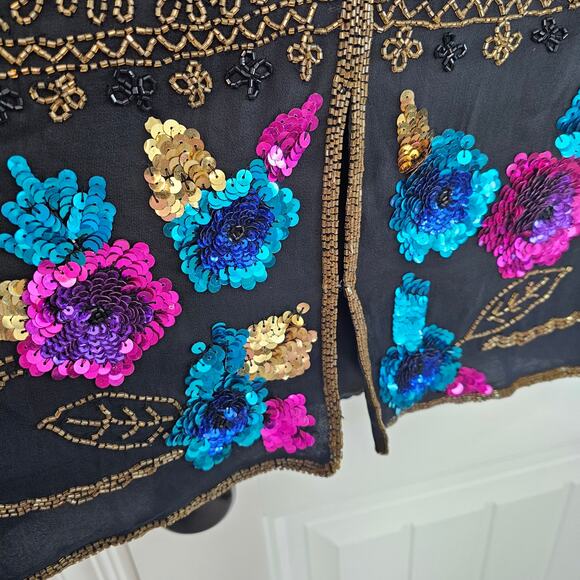 Vintage Silk Blazer Womens Sz Large Black Beaded 90s Floral Glam Elegant Evening - Picture 5 of 9